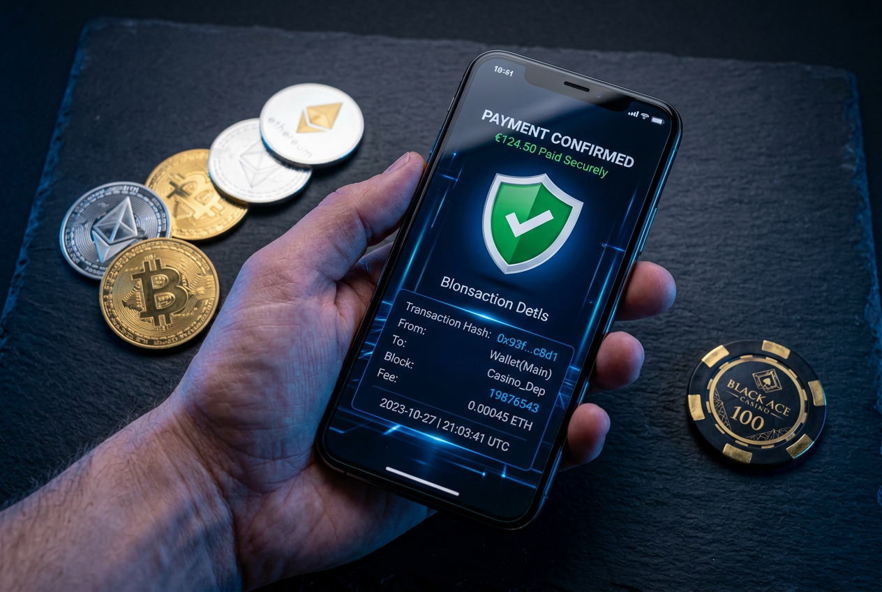 Macro shot of a smartphone displaying a secure cryptocurrency transaction for an online casino.