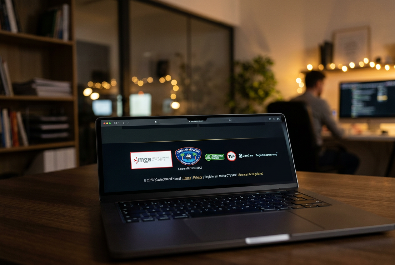 Zbliżenie na stopkę strony kasyna online z widocznymi logotypami regulatorów i danymi spółki.