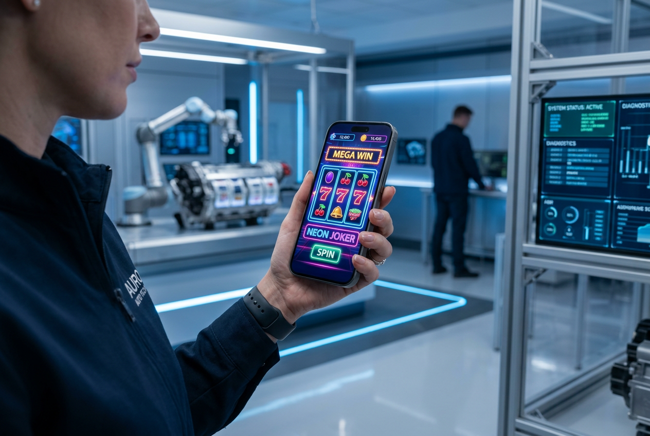 Smartphone showing a mobile casino app in a high-tech inspection setting.