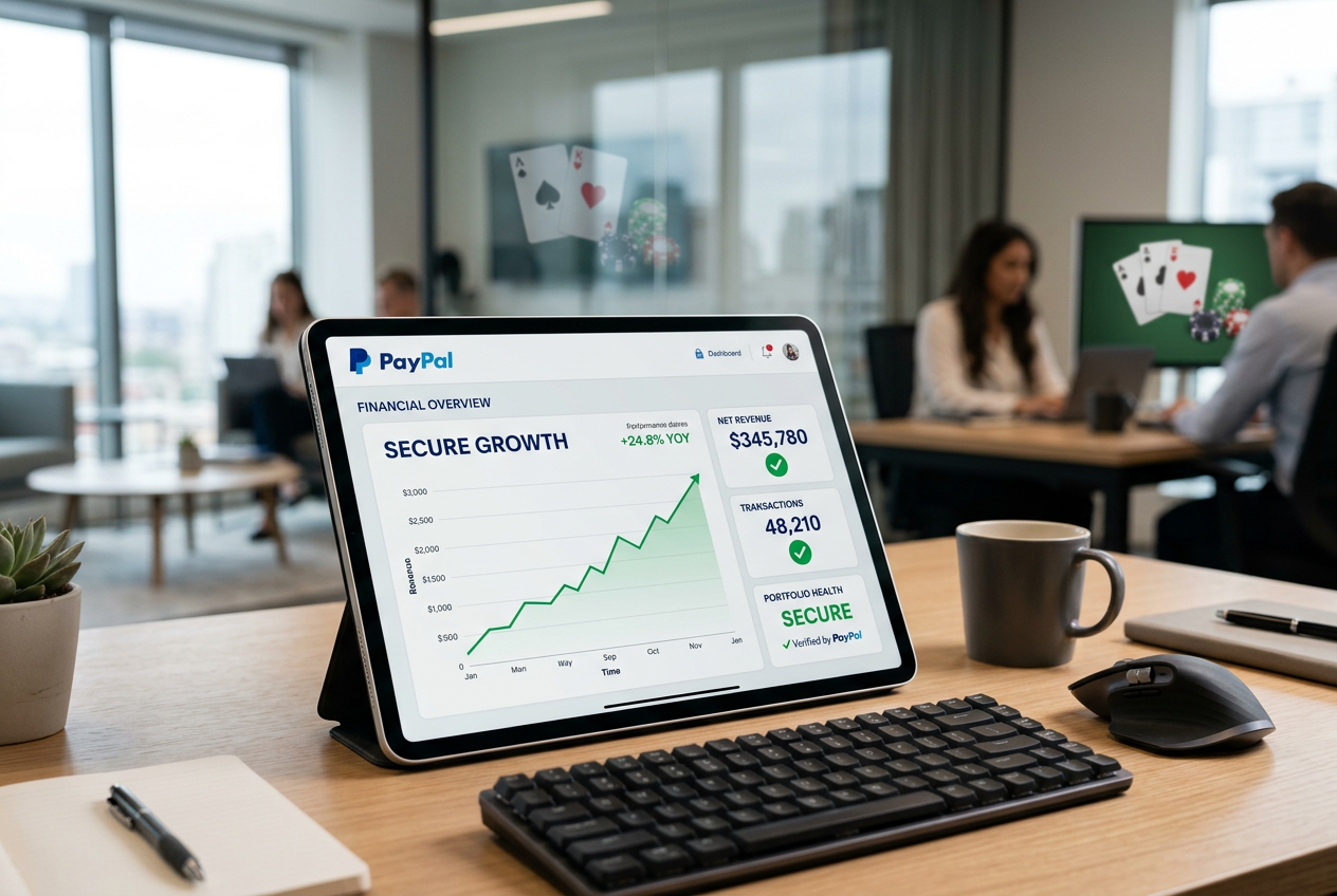 Profesjonalny pulpit z analizą płatności PayPal w kasynach.